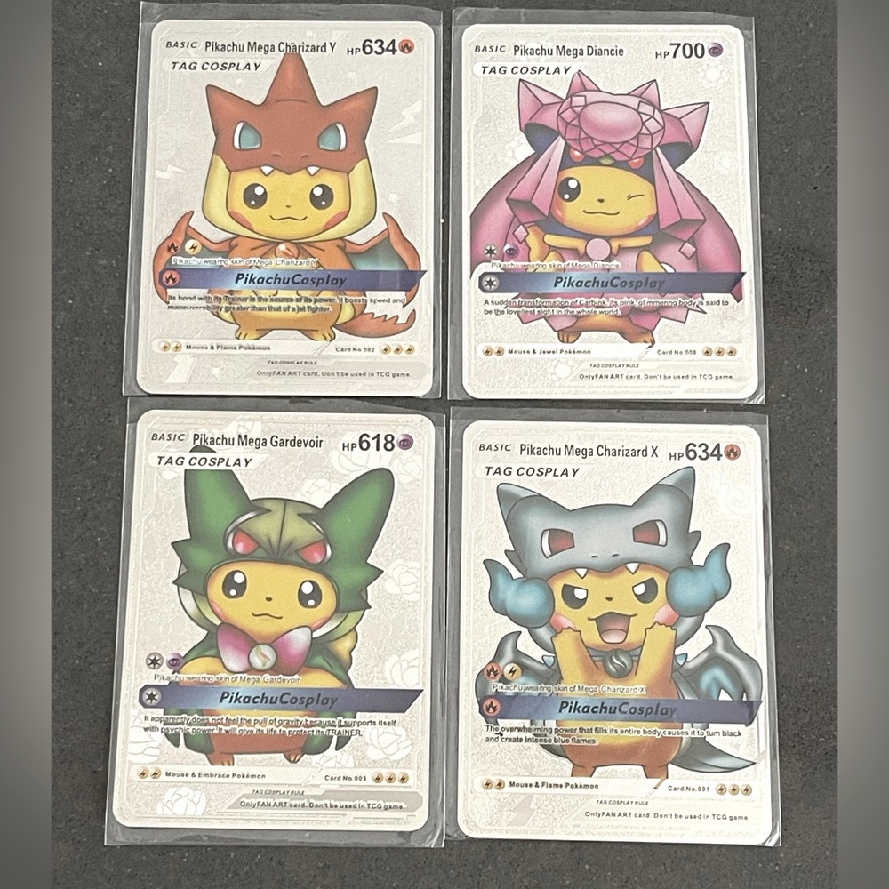 PIKACHU MEGA COLLECTORS 4 PACK! Heavy Silver Version TAG COSPLAY. In Sleeves!